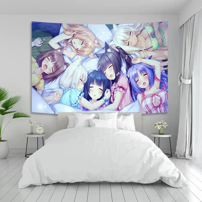 Anime Cat Maid Polyester Print Tapestry - Cute Psychedelic Design, Bedroom Dorm Decoration Items, Girls’ Home Decor Tapestry