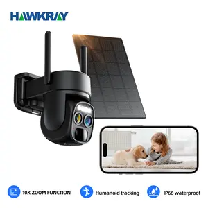 Hawkray Solar Wireless Outdoor Camera Dual-Lens 10X Zoom 2K Resolution 360° Pan Tilt Control Two-Way Audio with Spotlight Siren PIR Motion Detection Card Remote Safety Connection Black Sd Water Proof