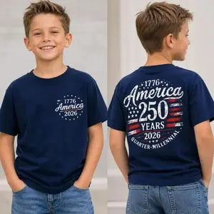 Youth & Adult America 250 Years 1776 2026 USA Flag Tee, Patriotic Boys and Girls 4th of July Shirt, Double Sided Red Graphic, Apparel Made In The USA