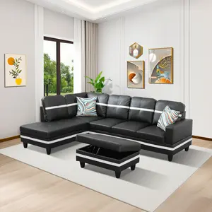 Trendy Contrast Black And White Wear-Resistant Smooth Semi PU Leather 3-Piece Multi-Use Living Room Couch Bundle, Minimalist High-End Guest Seating