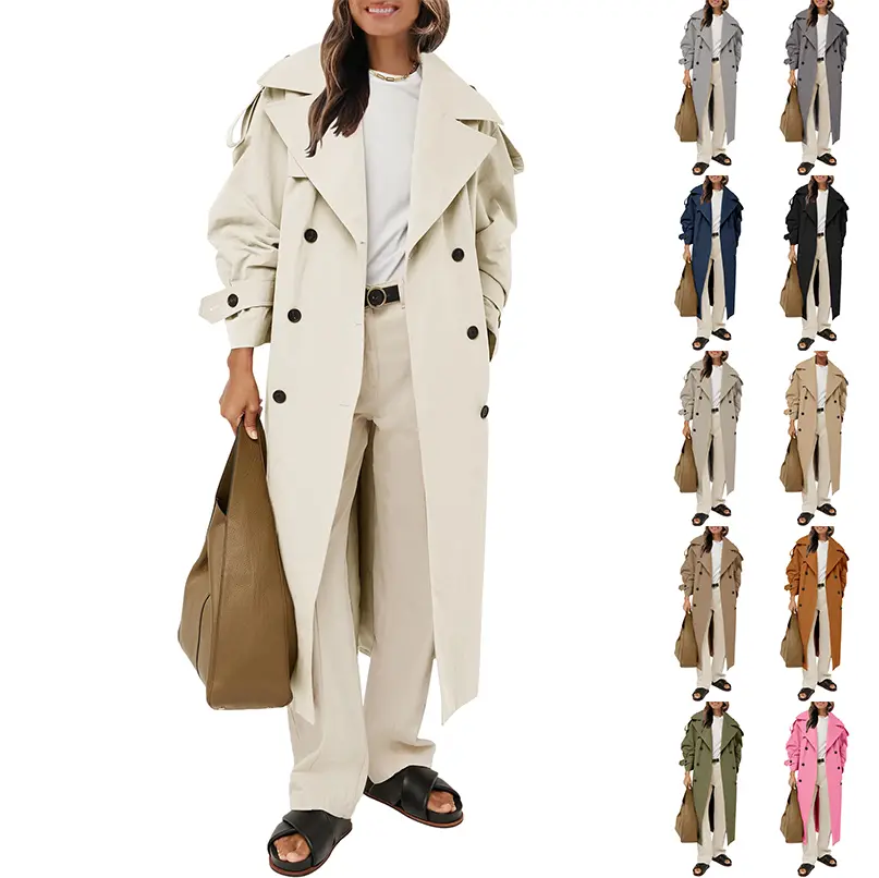 Fessceruna Womens Oversized Long Trench Coat Double Breasted Lapel Windproof Overcoat with Belt