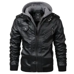 Men's Autumn and Winter Leather Jacket, Slim Fit Zip-Up Coat with Removable Knitted Hood, Short Trench Coat for Young and Middle-aged Men, Casual Warm Windproof Outerwear