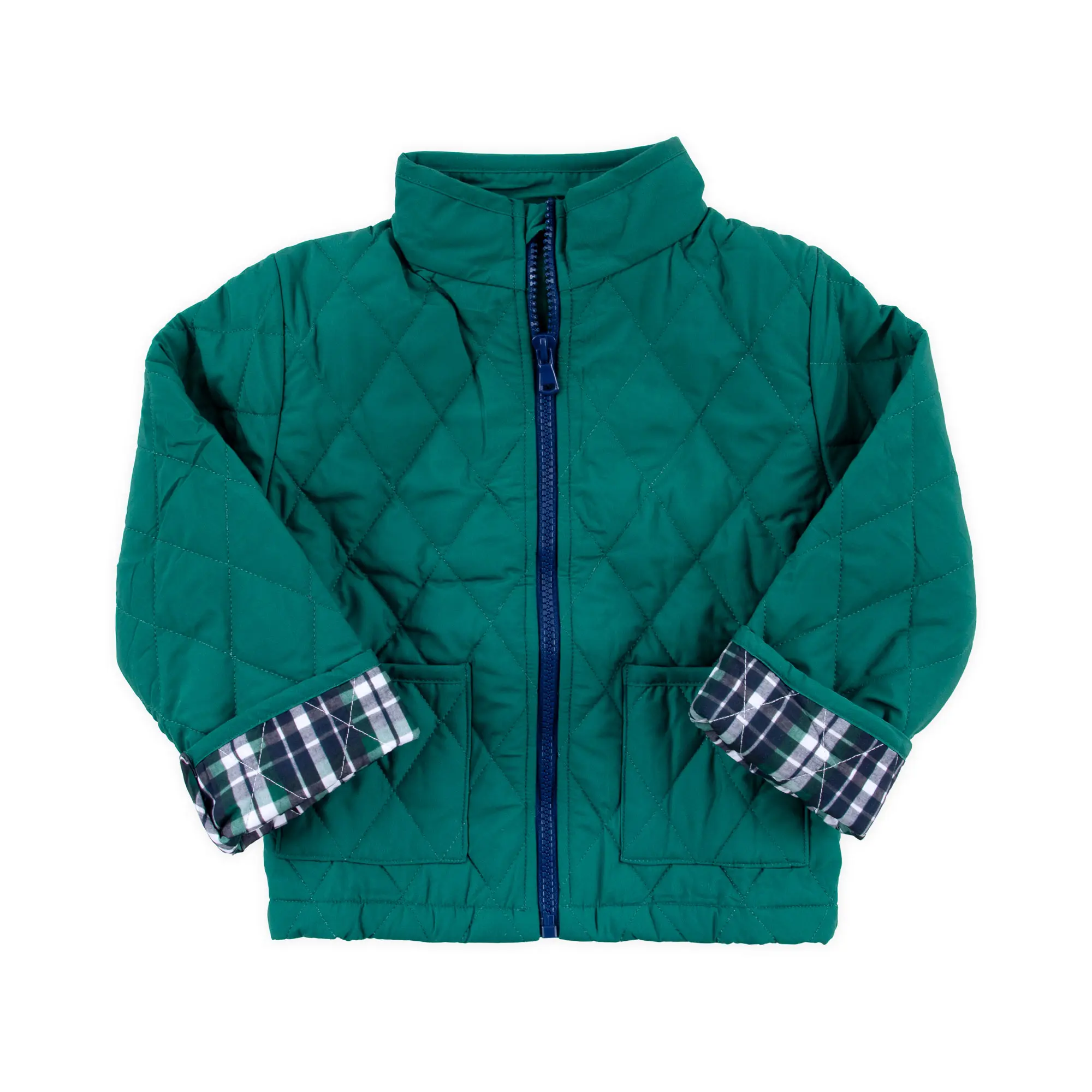 Hunter Green Quilted Coat - Cute Boys Jacket with Contrast Plaid Trim