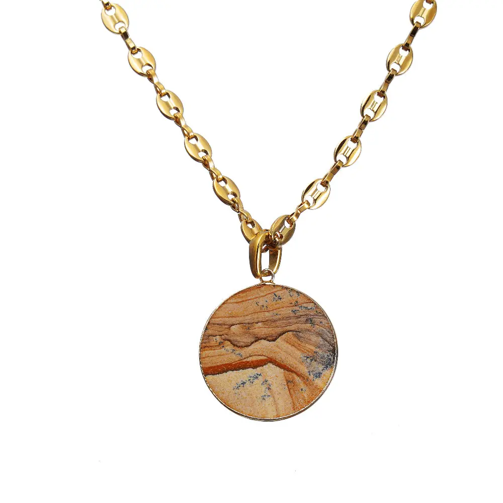 Gold-Plated Picture Wood Jasper Stone Pendant Necklace for Women Gifting
