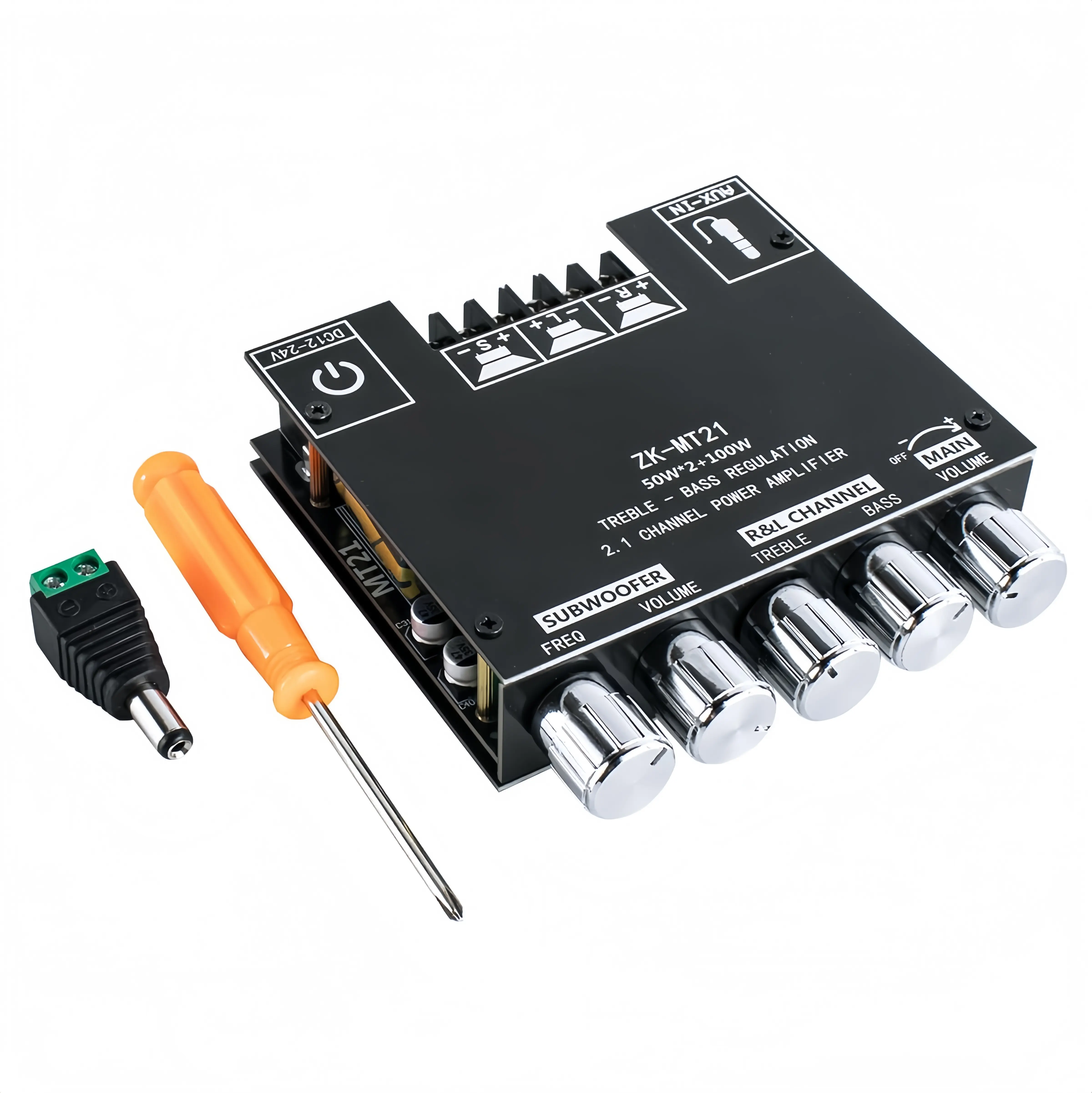 ZK-MT21 2.1 Channel Bluetooth Audio Power Amplifier Board, 50W+50W+100W Subwoofer Stereo Amp Module with Treble & Bass Control, AUX/Bluetooth Input, DC 12V-24V for Home Theater Passive Speakers