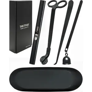5 in1 Candle Accessory Set with Rechargeable Candle Lighter, Candle Wick Trimmer, Candle Wick Snuffer, Candle Wick Dipper, Storage Tray Plate, Candle Care Kit (Matte Black)