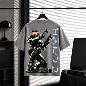 HALO 2 Vintage Heavyweight Washed Tshirt - Comfort Cotton Crew Neck Casual 100% Premium Cotton - Fabric, Menswear Top Graphic Hoodie Print Straight Tee Streetwear