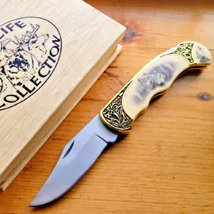 Beautiful Wolf Scene Folding Knife with Decorative Collectors Display Box