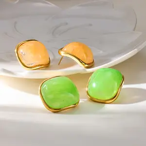 Marble Swirl Resin Square Stud Earrings, 18K Gold Plated Stainless Steel Waterproof Geometric Drop Earrings, Minimalist Trendy Colorful Statement Ear Jewelry for Women Summer Daily Outfit