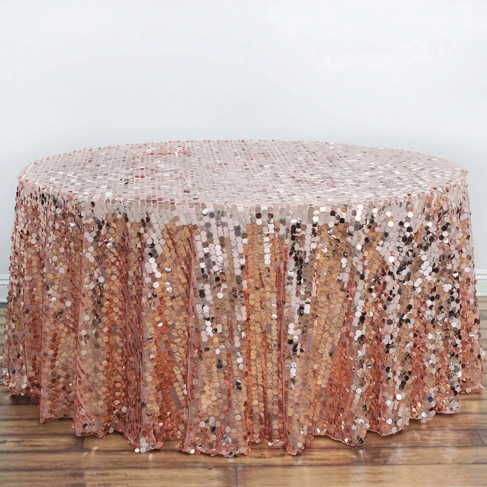 Rose Gold Sequin Round Tablecloth - 120 inches Big Payette Seamless Table Cover, Event Decor for Wedding/Party, Kitchen Linens with Care Instructions, All Seasons, Wipe with Damp Cloth