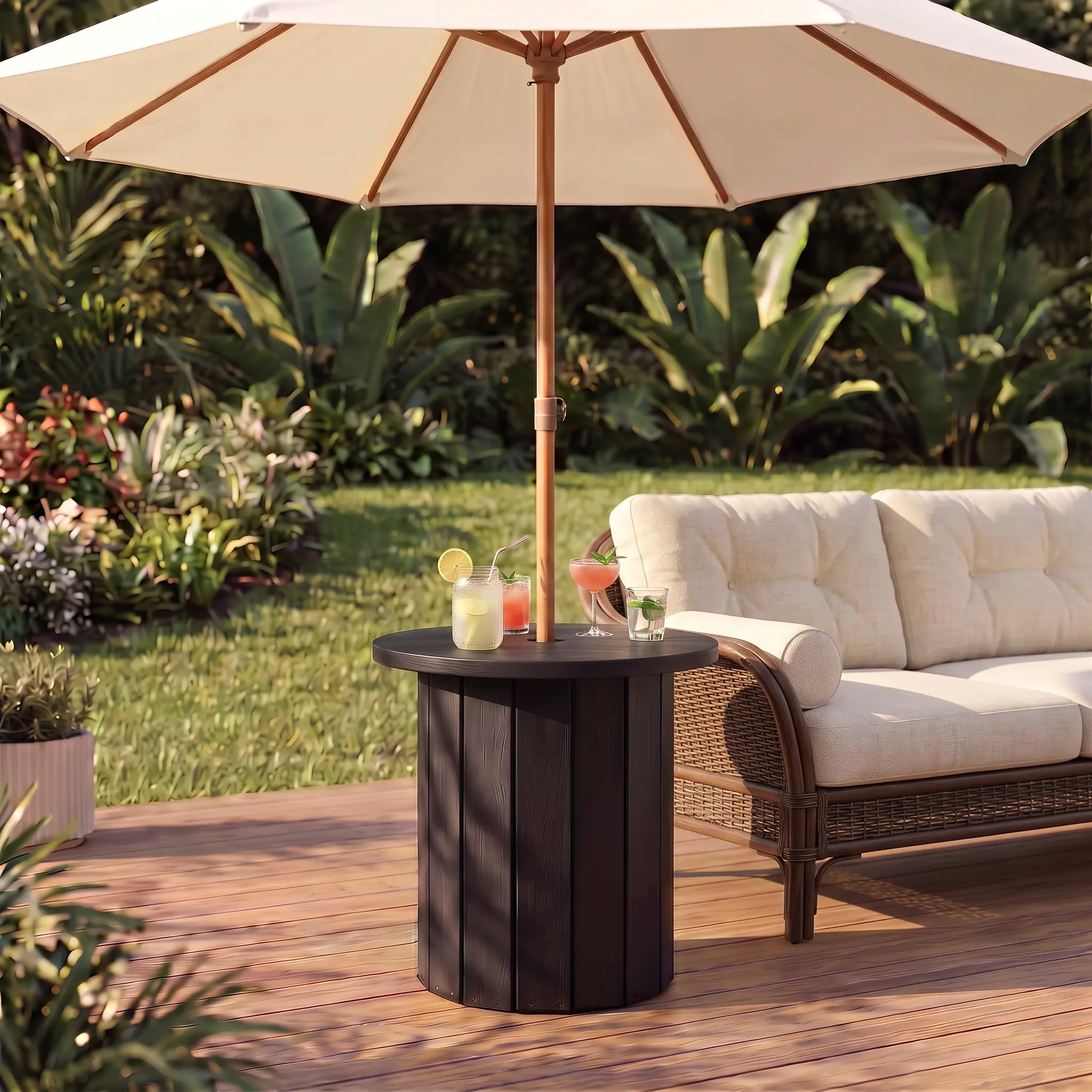 2-in-1 Outdoor Side Table with Patio Umbrella Base, Patio End Table with Umbrella Hole, Patio Bar Table for Drinks, Snacks & Decor, Space-Saving Umbrella Stand for Patio, Porch, Deck, Fits 1.5"-1.9" Umbrella Pole, HDPE Woodgrain Table, #Summerfinds