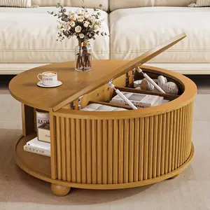 【SummerVibes】DHH 31.5" Round Lift-Top Coffee Table with Fluted Sliding Door, Mid-Century Modern Center Table with Hidden Storage for Living Room outdoorfun