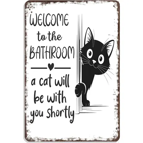8x12in Rectangle Vintage Black-White Cat Metal Tin Sign - Eco-Friendly, Durable, Pre-Drilled Home Plaque, Funny "Welcome To The Bathroom" Bathroom Decorations, Animal Character Wall Decor, Vintage Plaque Decor
