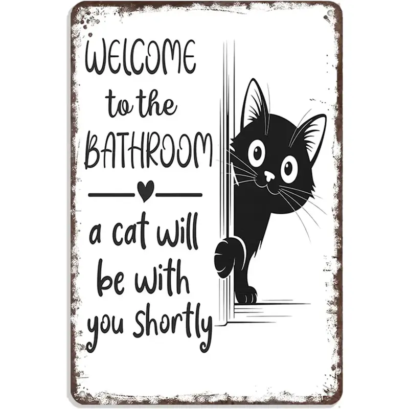 8x12in Rectangle Vintage Black-White Cat Metal Tin Sign - Eco-Friendly, Durable, Pre-Drilled Home Plaque, Funny "Welcome To The Bathroom" Bathroom Decorations, Animal Character Wall Decor, Vintage Plaque Decor