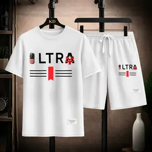 Men's vintage beverage print drawstring shorts set, suitable for spring and summer wear. This casual summer set includes a short-sleeved shirt and shorts, perfect for everyday wear and sports. Two-piece set design.
