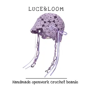 【LUCE&LOOM】Women’s Floral Female Polyester Elegant Handcrafted Crochet Beanie, Soft Breathable Openwork Sun Hat with Flowing Side Streamers, Bow Details, Ideal for Vacation, Outdoor Events