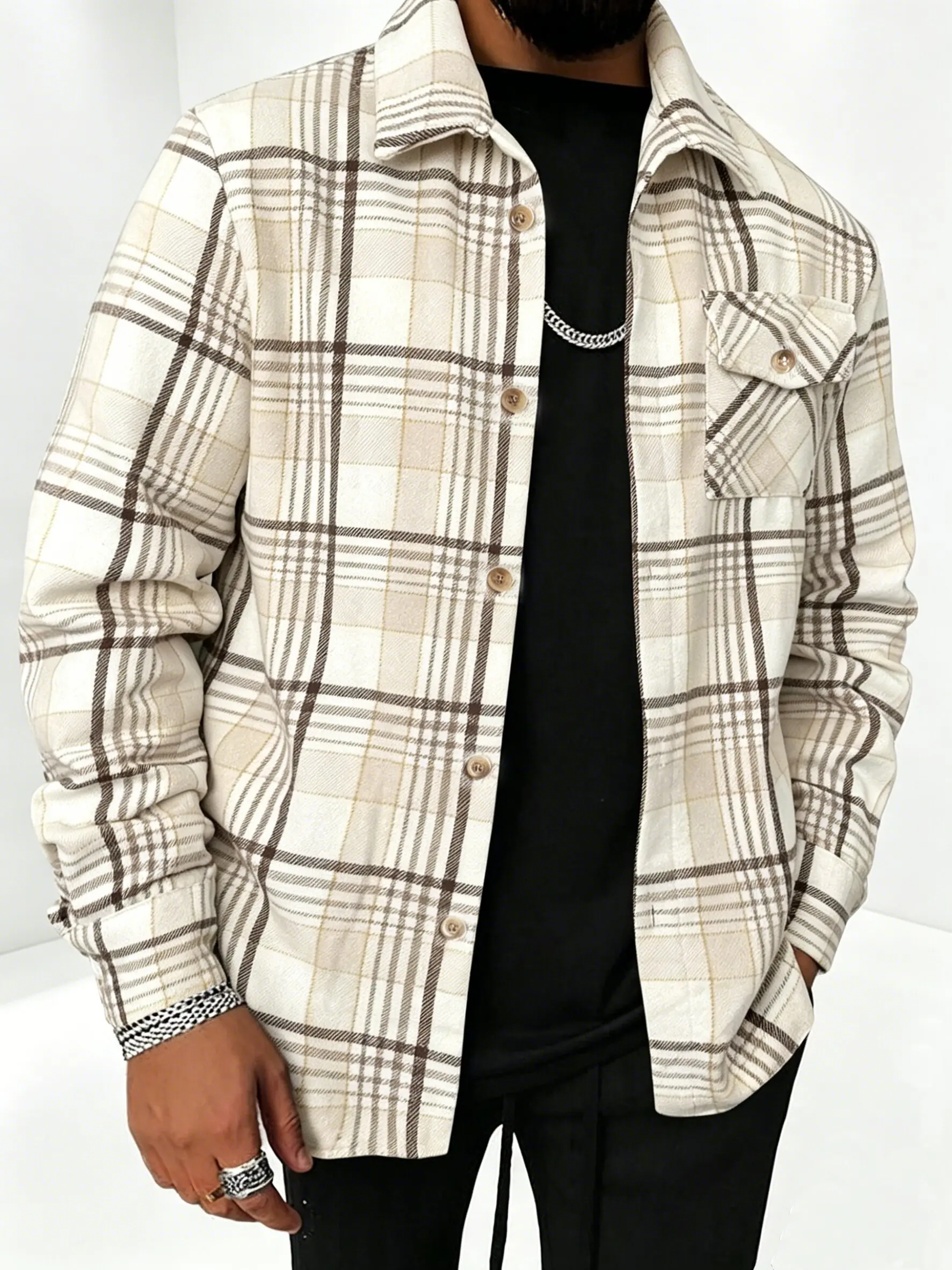 Men's Plaid Flannel Corduroy Shacket, Classic Retro Long-Sleeve Collared Button-Up Top, Loose-Fit Soft Stylish Streetwear Ready for Casual Retro Street Look