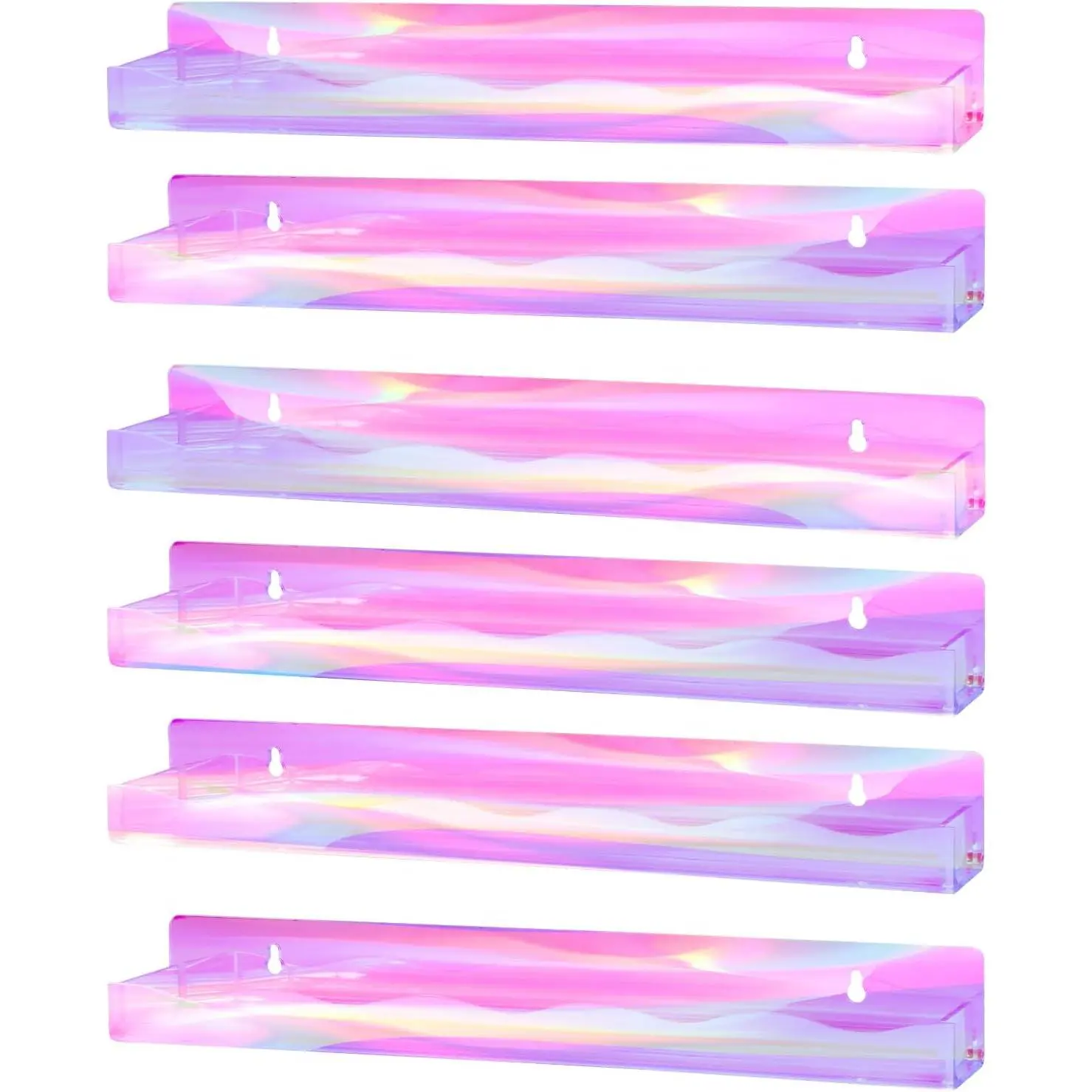 6-Pack Iridescent Acrylic Wall-Mount Floating Shelves for Nail Techs, Removable Multifunctional Organiser Racks, Installation-Ready Storage for Nail Polish, Tattoo Ink