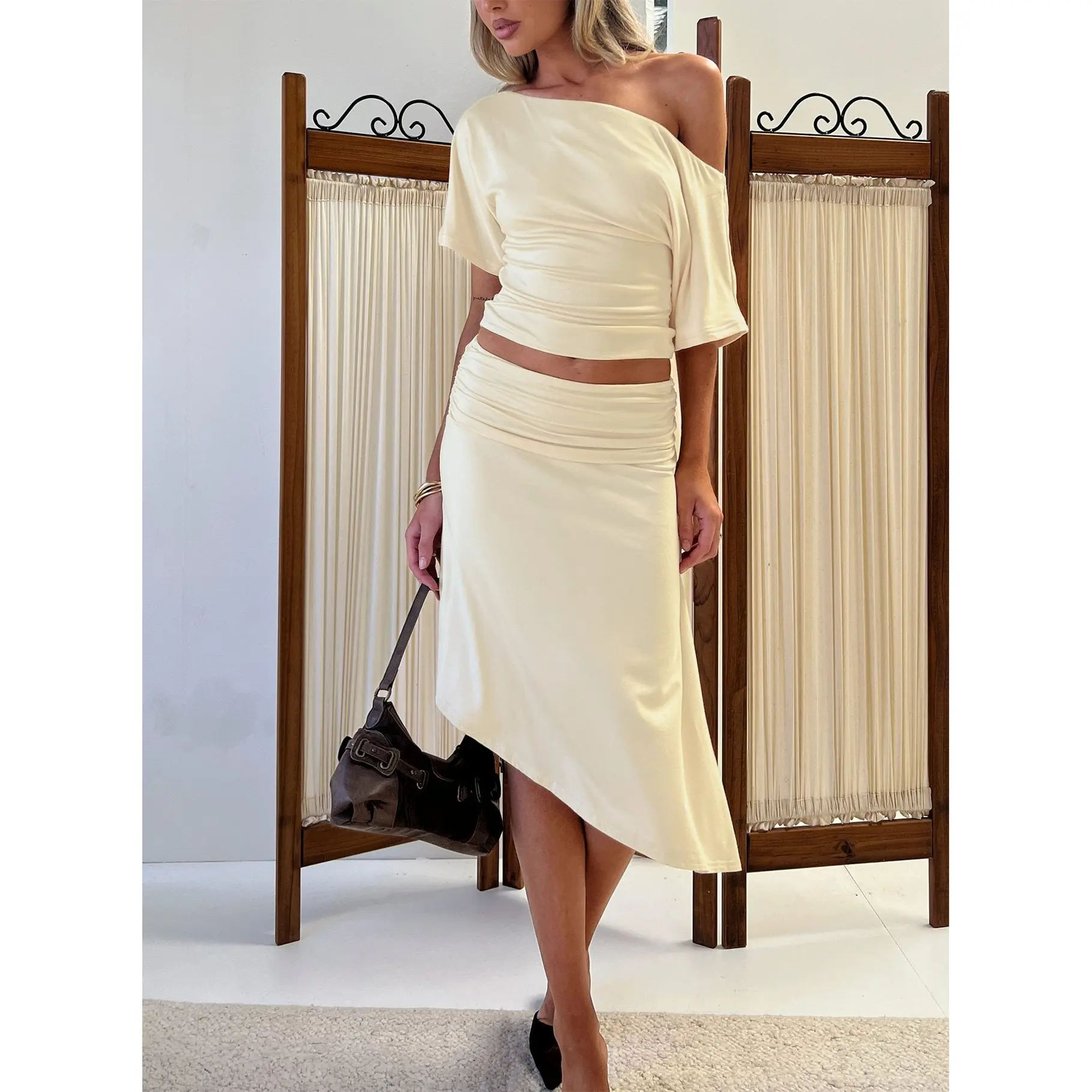 Sezzia Ruched Asymmetrical Midi Skirt Beige
