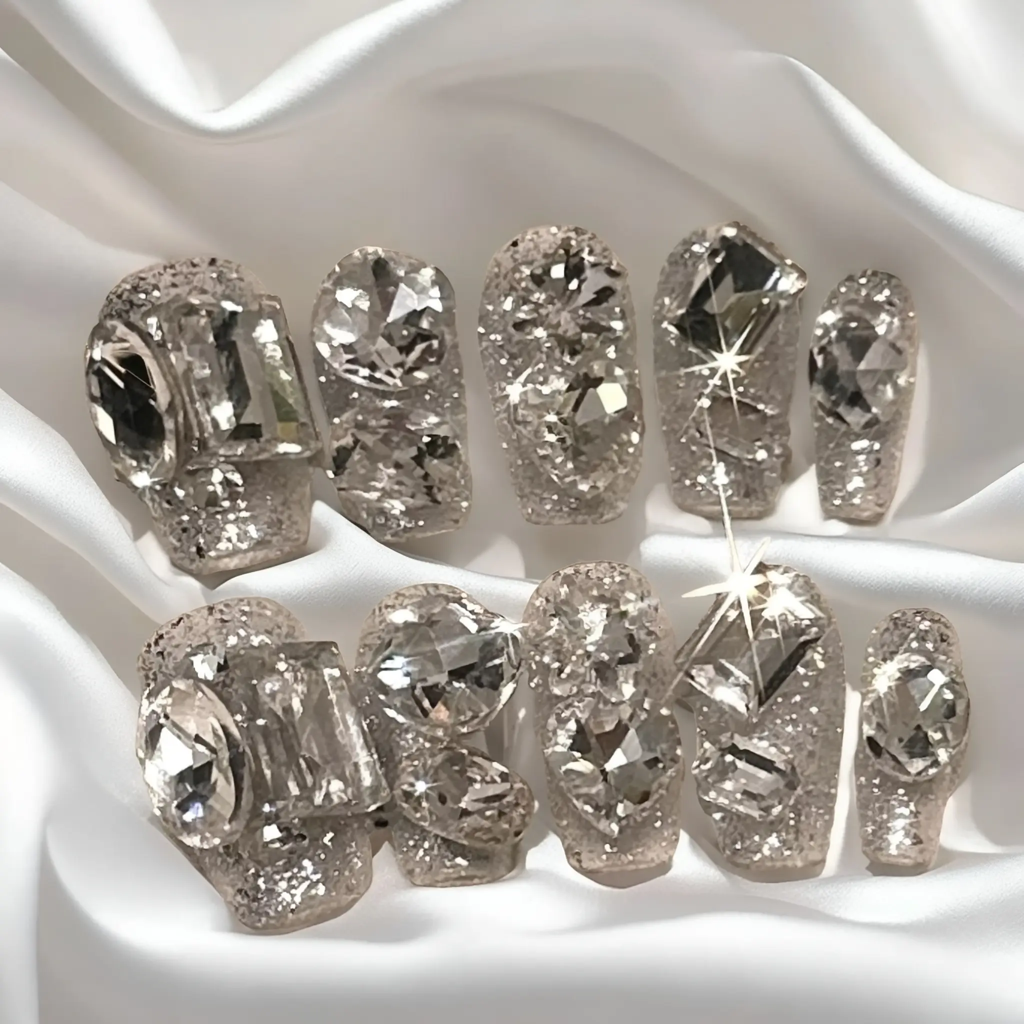 【FULLY ENCRUSTED DIAMOND】Luxury Diamonds Sparkle Princess Nails needlepoint  Handmade Press on Nails Nail Art cat eye Stunning  Butterfly charms with Accents Colorblock Bow Rhinestone Glossy Water Ripple French kit nail glue on nail tip piggy reusable