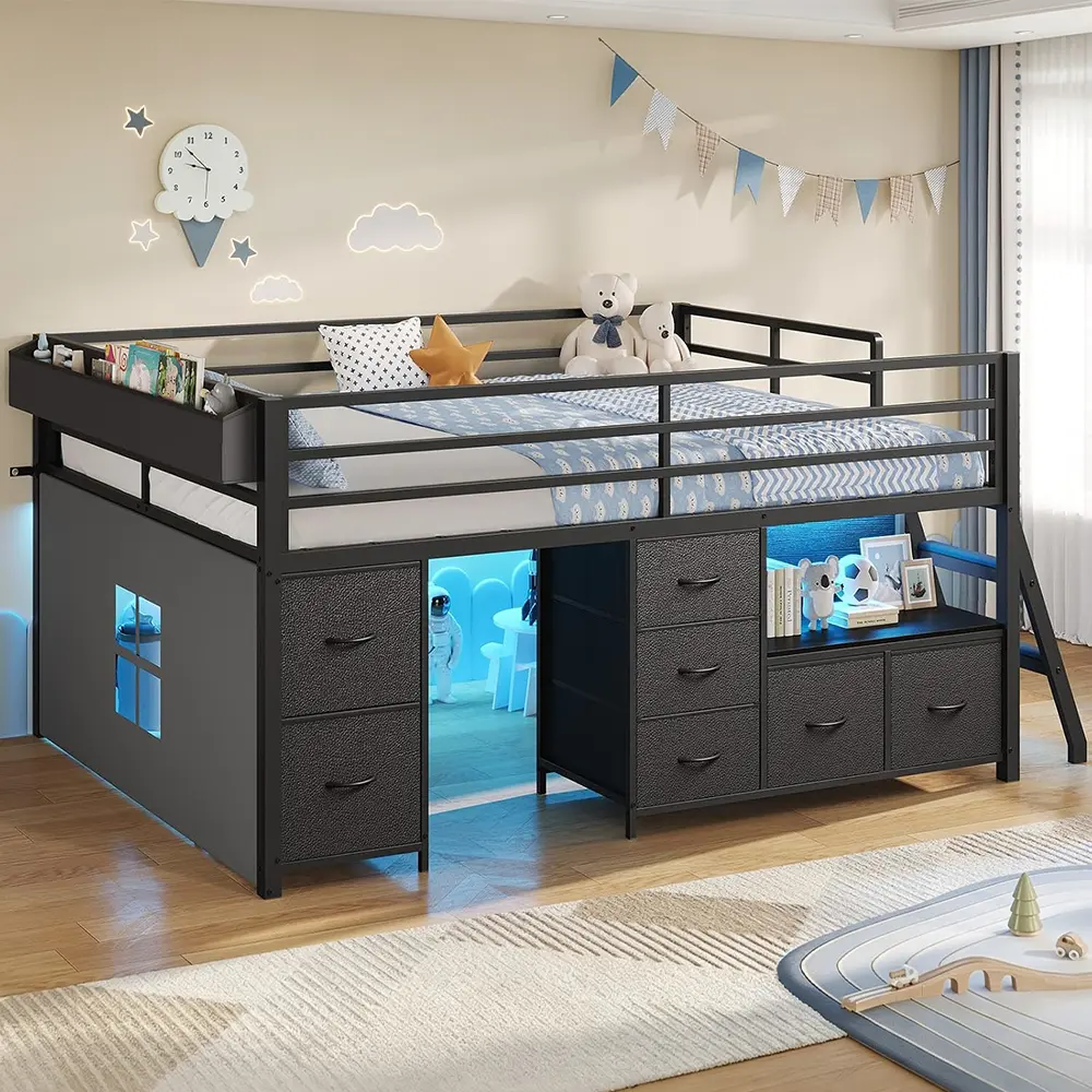 [TiktokShopStockUp] Sikaic Full Size Low Loft Bed with 7 Drawers, Bookcase & LED Lights, Metal Loft Bed with 14" High Guardrails, Inclined Ladder, Play Curtain & Under-Bed Play Space, Black Christmas Gifts