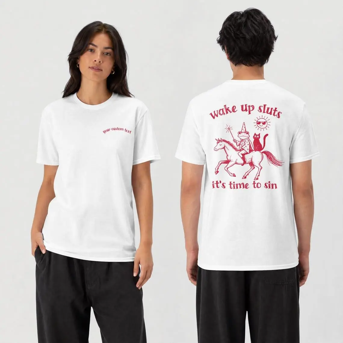 Side Chest Text Back Print T Shirt, Wake Up Sluts Funny Animal Tshirt, Cursed Sarcastic Meme Graphic Tee, Adult Unhinged Humor Top
