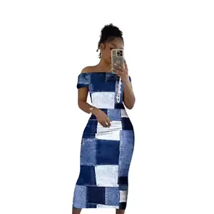 summer spring clothes The New European and American Women's Dress Wrapped Chest One Line Shoulder Imitation Denim Block Printed Long Dress Casual Womenswear