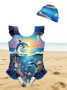 Girls Sunset Dolphin Ocean World Ruffle Sleeve One-Piece Swimsuit with Swim Cap 2-Piece Kids Beach Swimwear