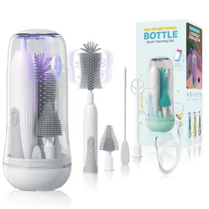 Orzbow Electric Travel Baby Bottle Brush Set with Storage Box, Automatic Bottle Cleaner Brush Kit with Silicone Bottle/Nipple/Straw Brush, Milk Frother Electric and Drainage Rack, Rechargeable, Gray