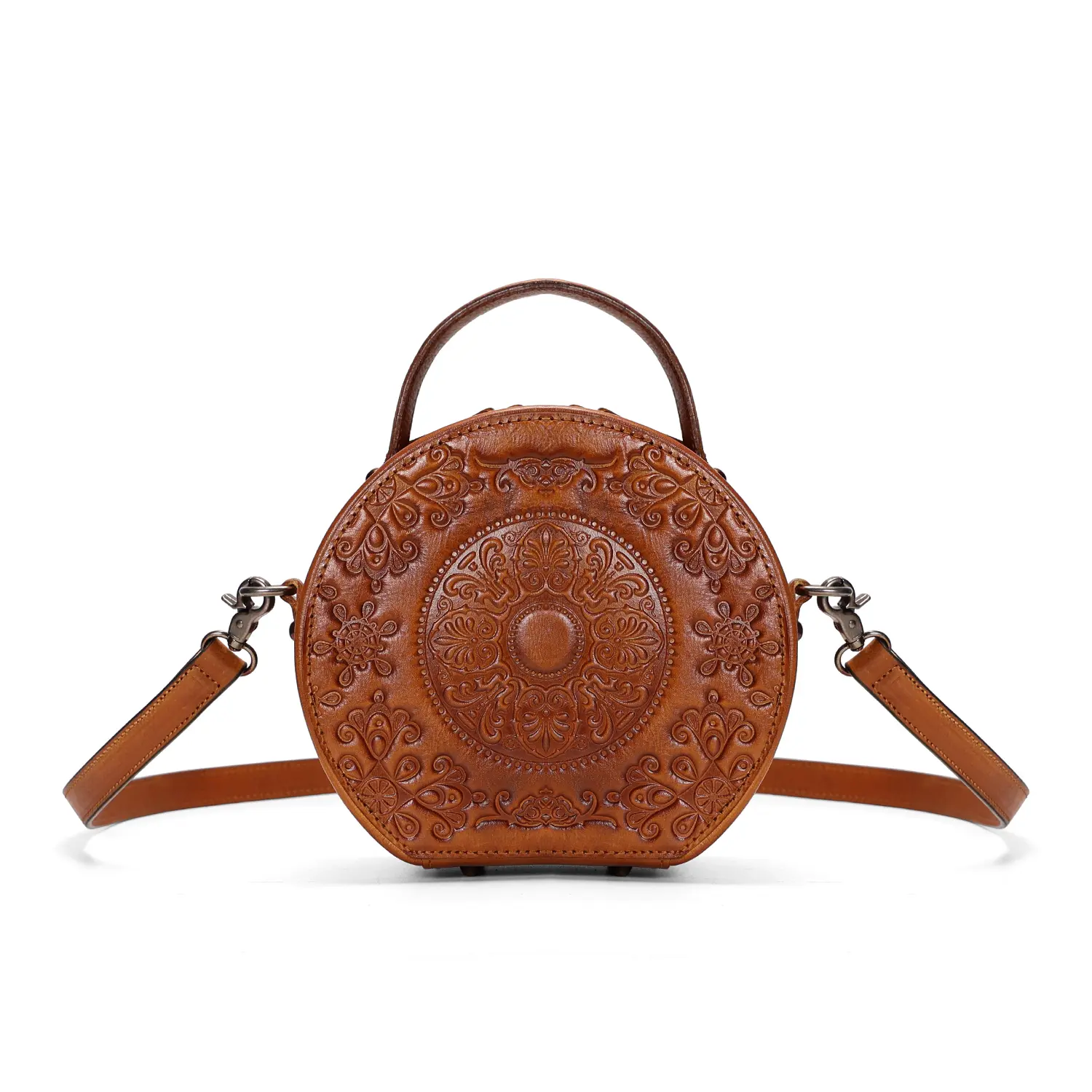 SADI Women's Vintage Embossed Cow Hide Leather Handbag, Elegant Round Drum Purse for Evening, Top Handle with Adjustable Crossbody Strap, Elegant Embossed Bag, Adjustable Crossbody Purses, Round Bulge