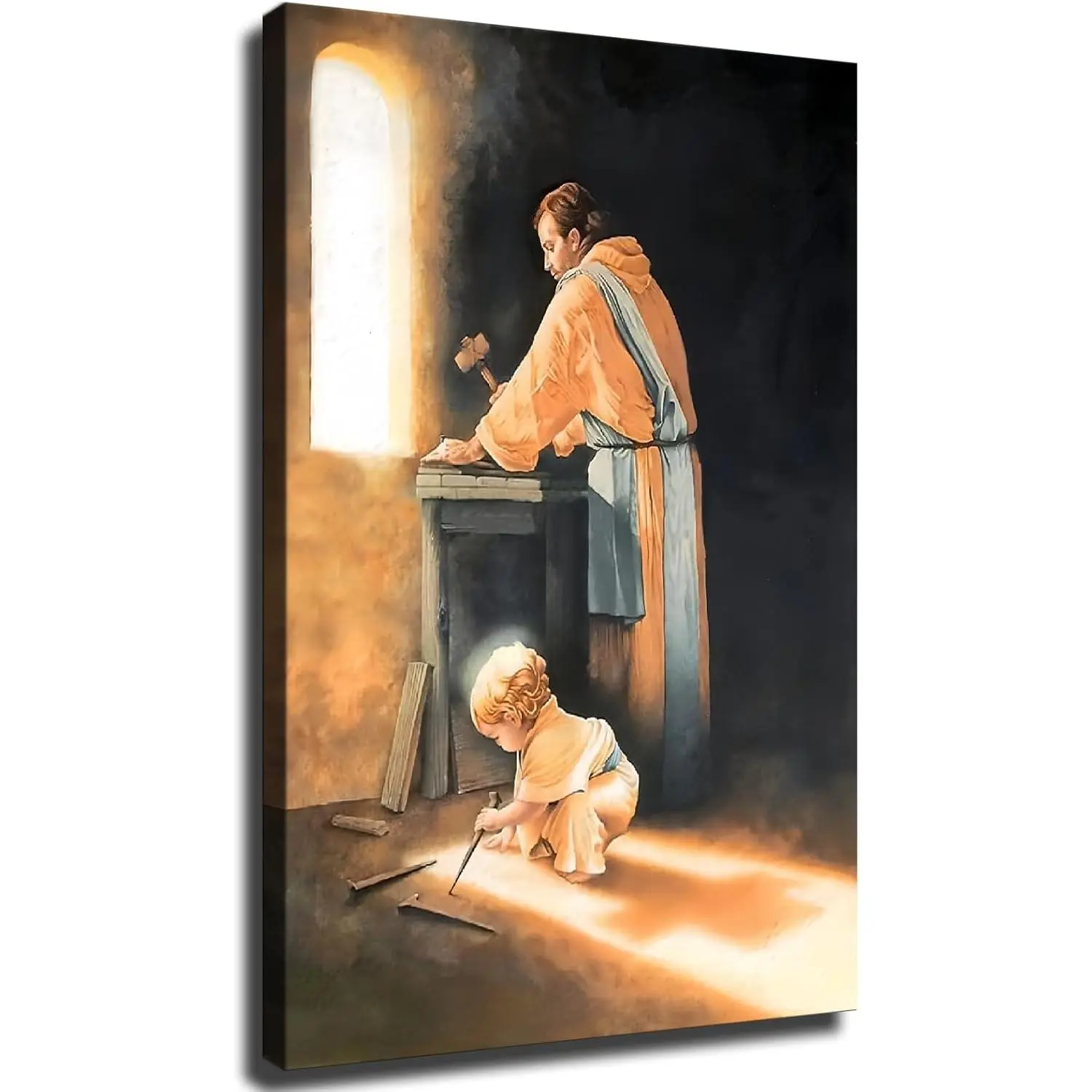 Boy Jesus Nail Spikes In Joseph's Carpenter Shop Wall Decor, Vintage Giclee Canvas Prints, Retro Painting Wall Pictures, for Livng Room Bedroom Home Decor
