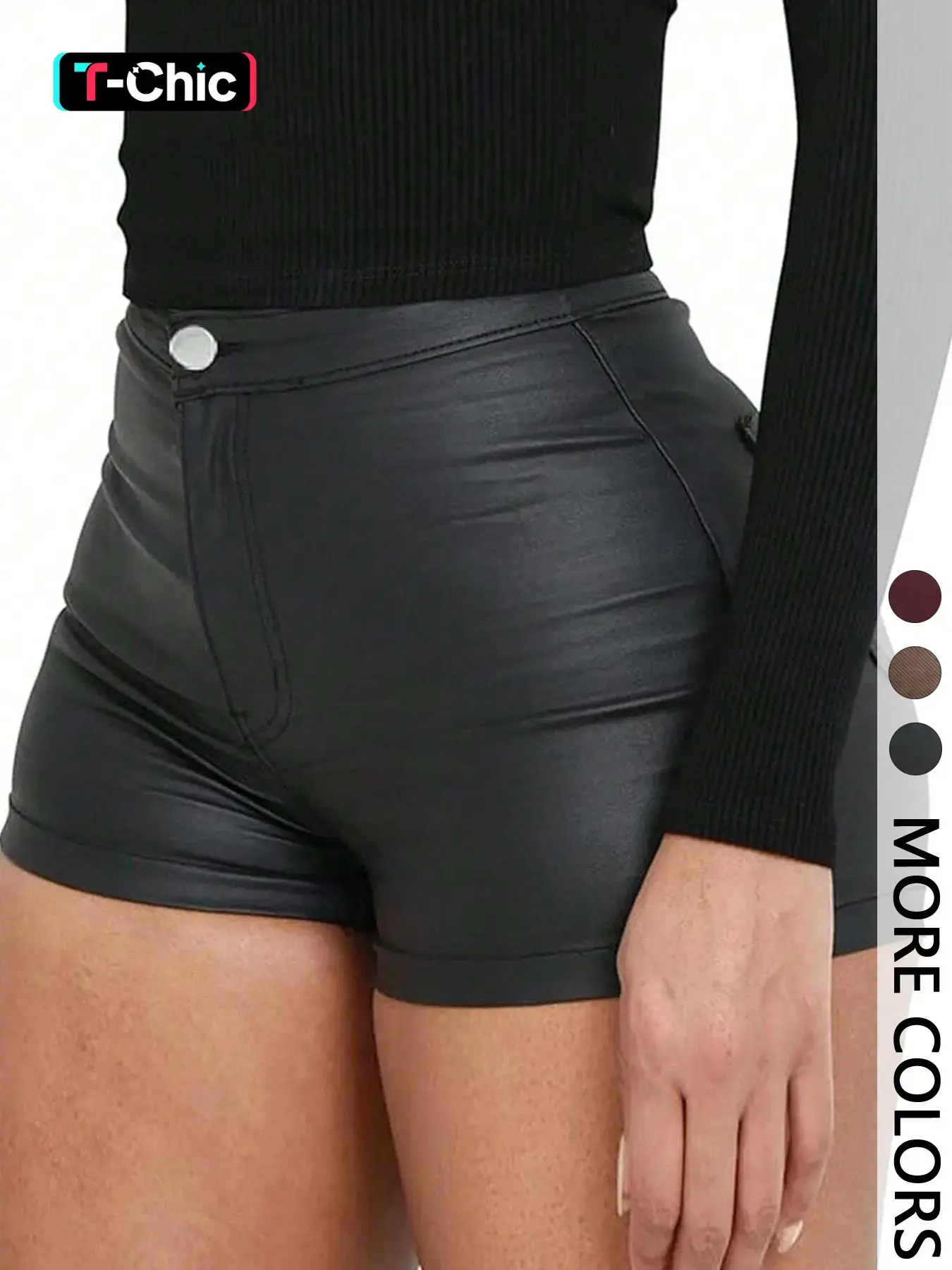 Women's Plain Minimalist PU Smooth High-Waisted Button Closure Shorts, Fitted Casual Style, 1 Piece, Perfect for Everyday Wear, Womenswear, Basic, Button Fly Shorts, Casual Comfy Shorts