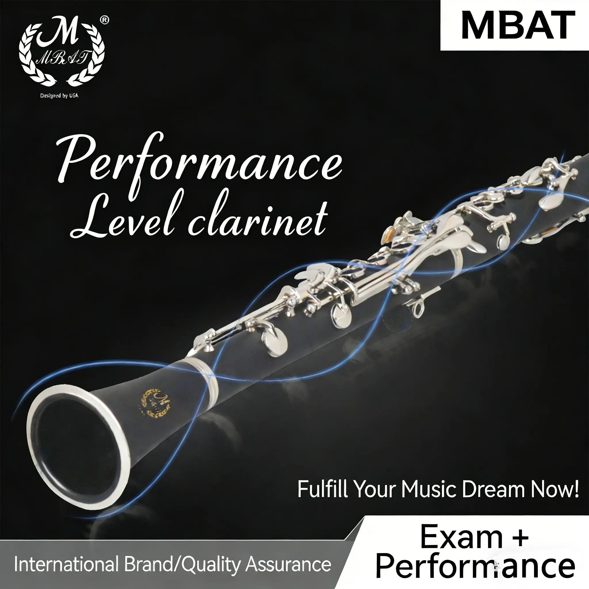 MBAT Black Bb Clarinet with Silver Keys, 17-Key-Ring 6-Key Bakelite Body, Cloth Case Included for Beginner Training & School Performance