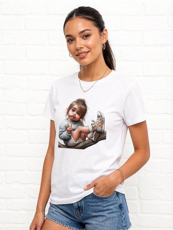 Women's Cute Soft Cotton Fitted T-Shirt - Retro Chibi Graphic Print, Cottagecore Crew Neck, Cropped Short Sleeves, Cap Sleeve Option, Lightweight Heat Transfer Fabric, Machine Washable, No Dry Clean/No Bleach, for Christmas, New Year, Girl-Friendly