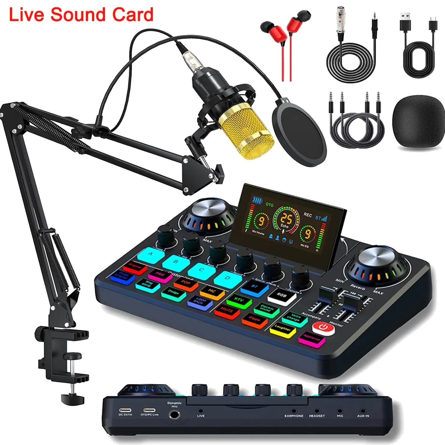 External sound card mixer, Live sound cards, Sound card package, BM-800 set with DSP sound effects and OTG plug and play podcast audio interface, portable USB sound card for PC/smartphone live streaming, gaming, karaoke recording, Sound Card Kit