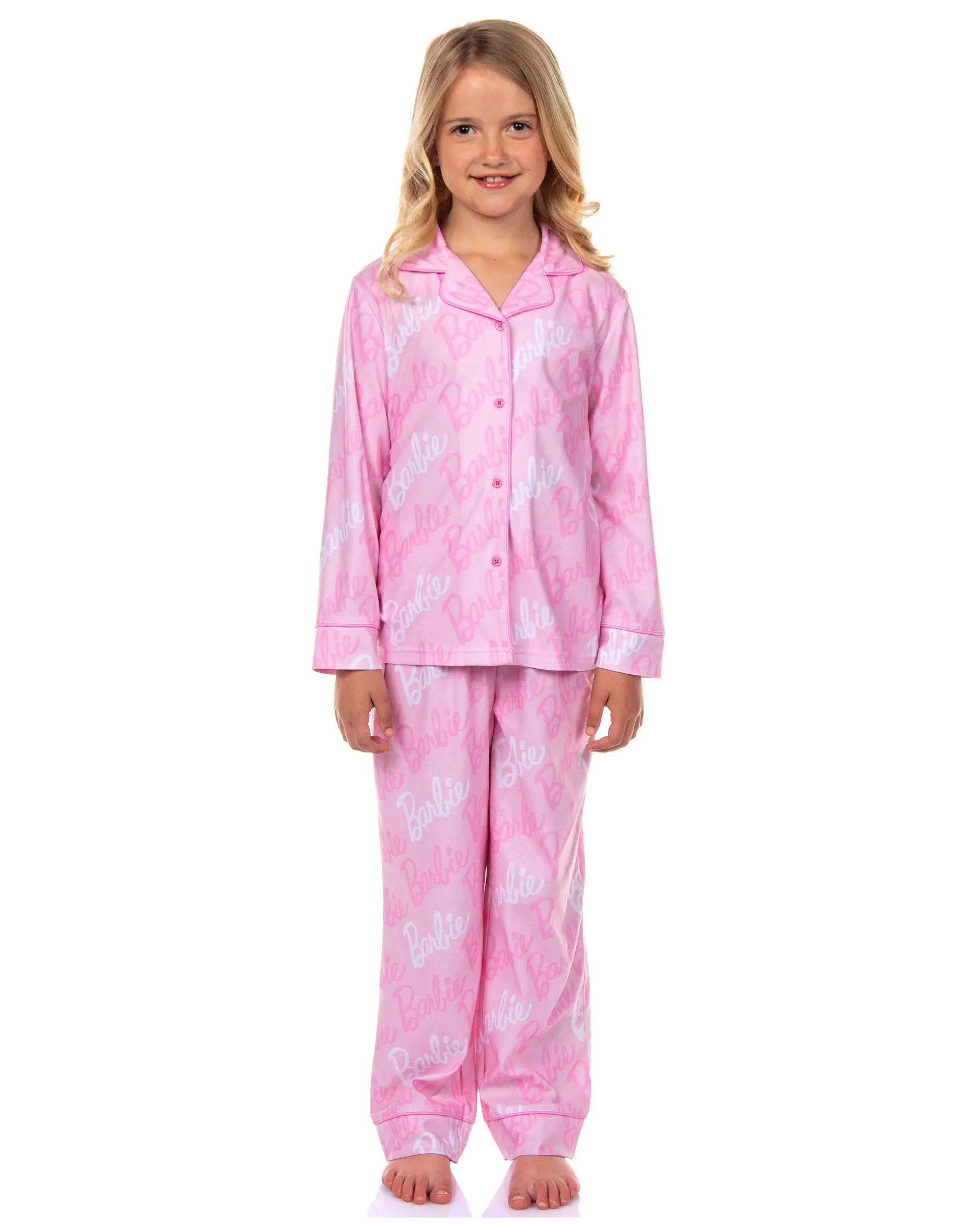 Barbie Pajama Girls' Barbie Logo Button Front Long Sleeve Shirt and Pant 2 Piece Set  Sleepwear