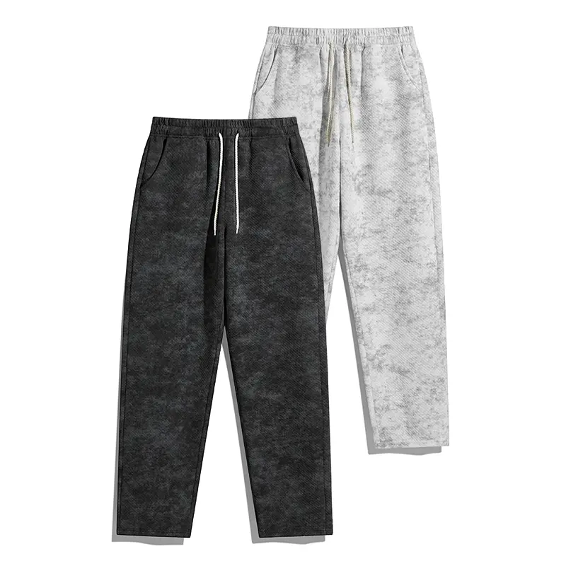 Vintage Acid Wash Waffle Knit Track Pants | Premium Casual Mineral Wash Sweatpants | Loose Baggy Fit Streetwear Trousers Unisex