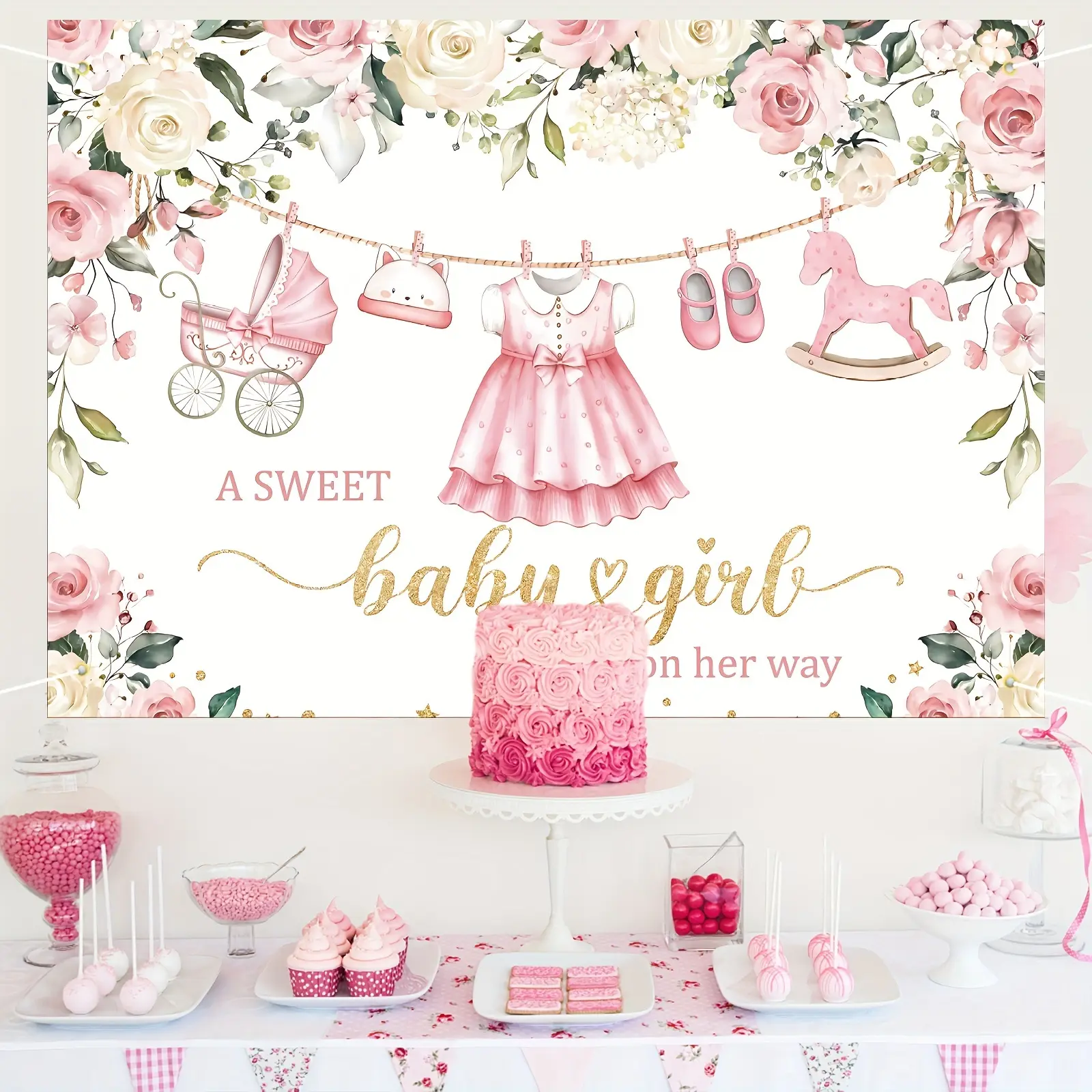 Cute Baby Party Background Cloth, Cartoon Watercolor Flowers Rose Eucalyptus Decor, Photography Backdrop, Cake Tabletop Prop