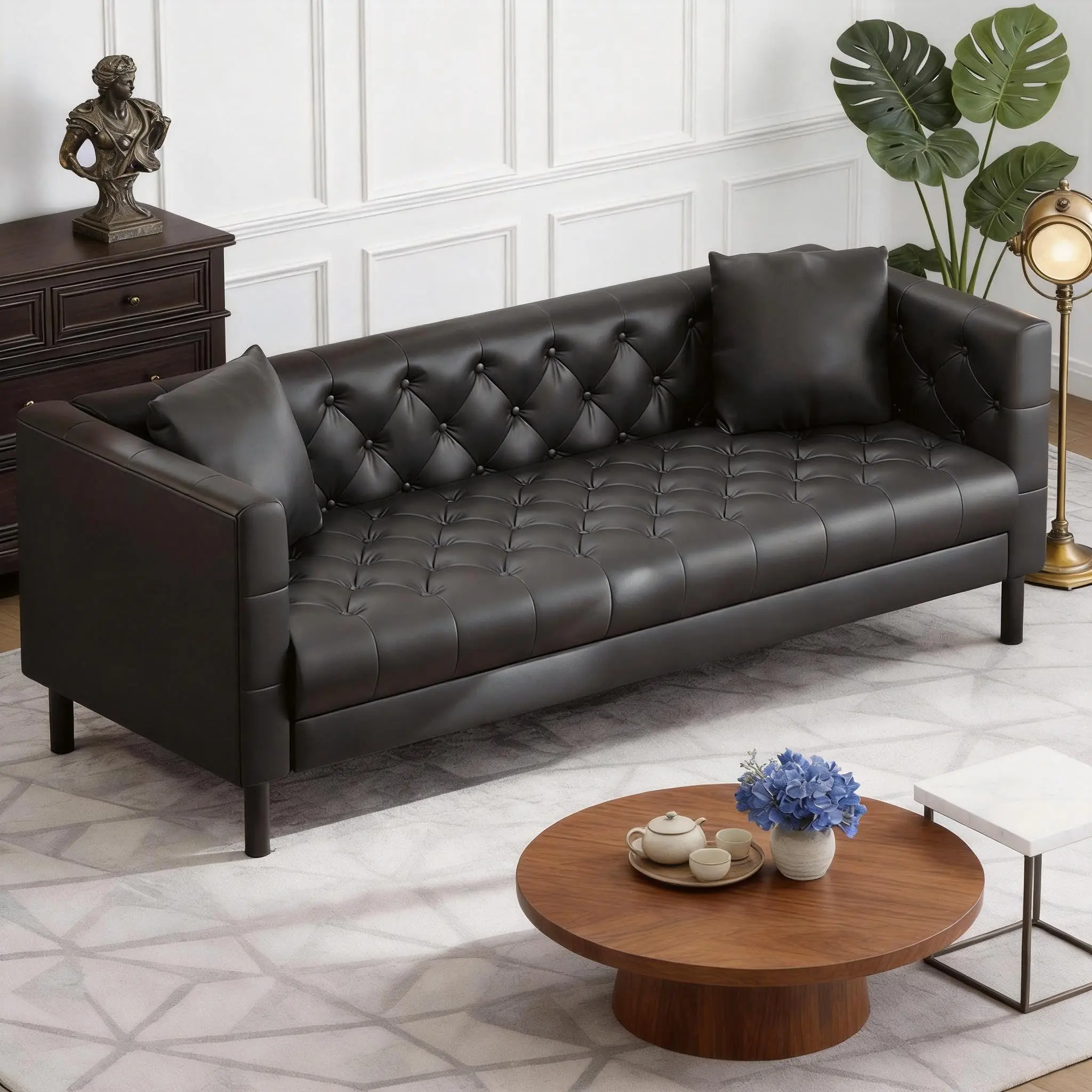Garvee 78" Leather Couch - Button-Tufted 3 Seater Sofa with Deep Seat and 2 Pillows, Modern Mid-Century Design Perfect for Living Room, Apartment, or Office Spaces