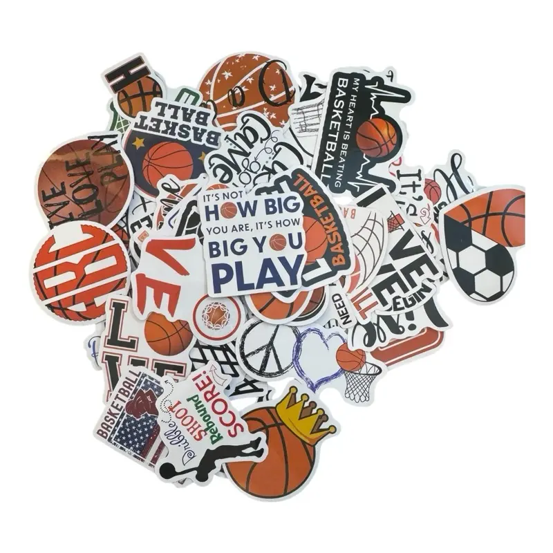 50pcs Unisex Adhesive Water Resistant PVC Vinyl Basketball Sticker Set - DIY Scrapbooking & Stamping Supplies for Laptops, Water Bottles, Durable
