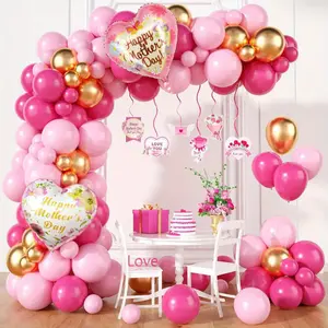 124pcs Mother's Day Balloons Garland Arch Kit Pink Rose Red Gold Latex love Heart Balloon for Mother's Day Party Background Decoration Supplies
