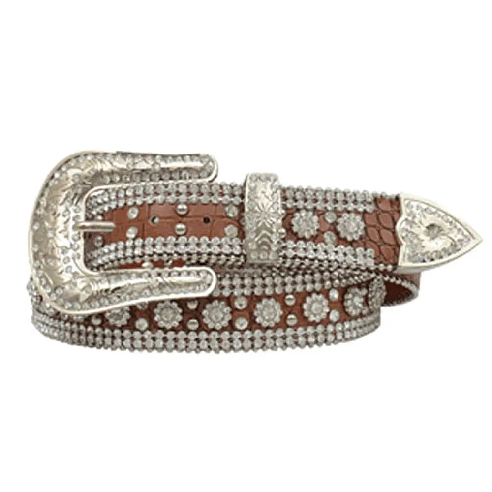 DA1072 Angel Ranch Women's 1 1/2" Brown Gator Print Crystal Bling Belt