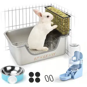 BWOGUE Stainless Steel Rabbit Litter Box with Hay Feeder & Water Dispenser, Metal Bunny Litter Box with Sifting Tray, High-Sided Rabbit Potty Pan for Small Animals, Quick Cleaning, Odor Control