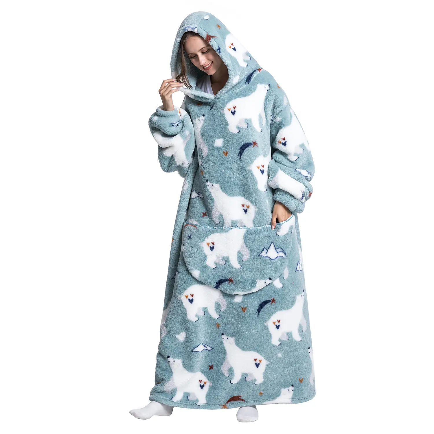 Cute Wearable Hoodie Blanket Nightgown, Halloween 1Pcs Women Men Ultra Soft Sherpa Fleece Warm Oversized Hooded Wearable Blanket With Giant Pockets