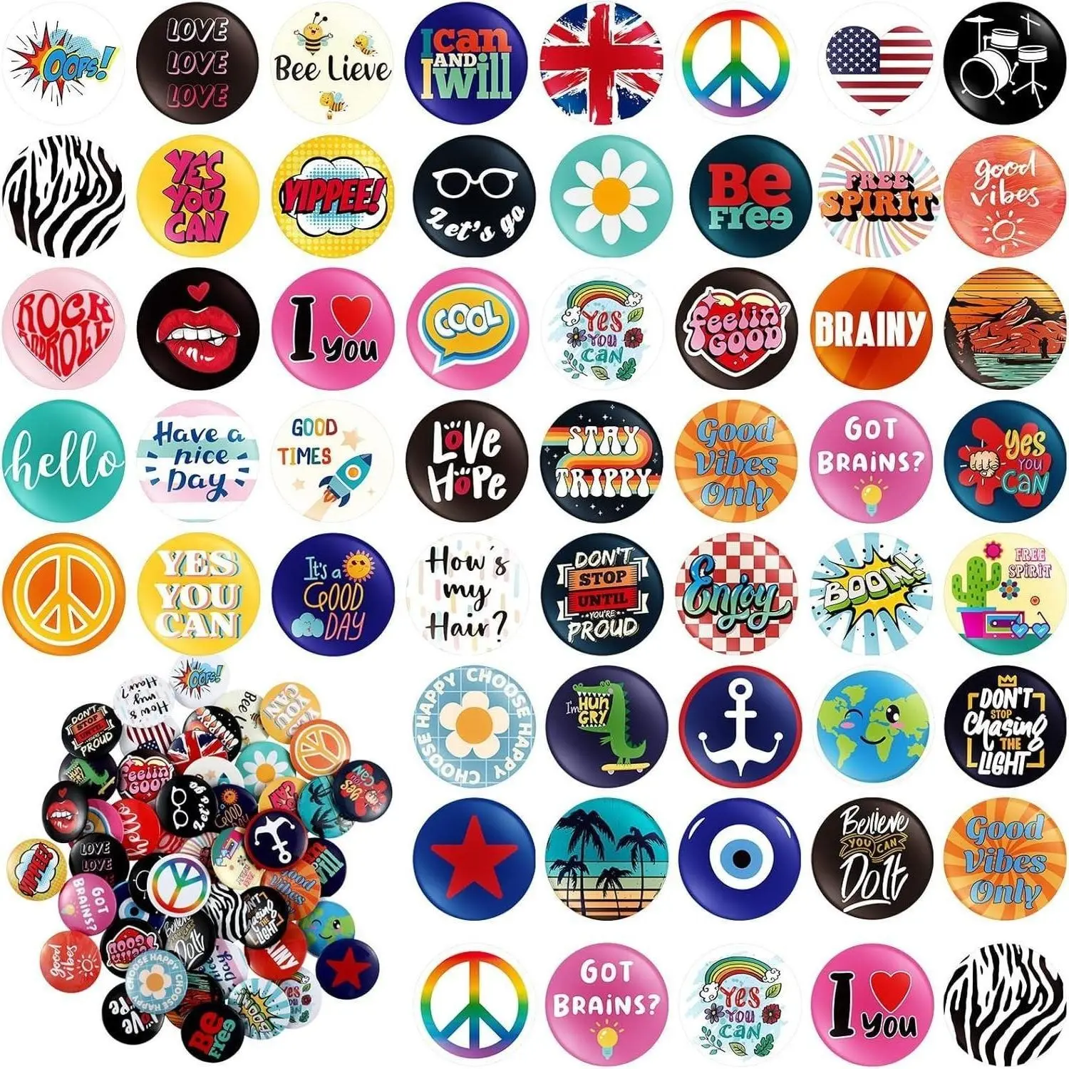 Retro Punk Graphic Clip-In Brooches Pins - 50 Styles, 100 Pieces, 1-Inch Fashion Accessories with Unique Slogans & Cartoons, Baroque Design for Daily Commute & Engagement Ceremonies