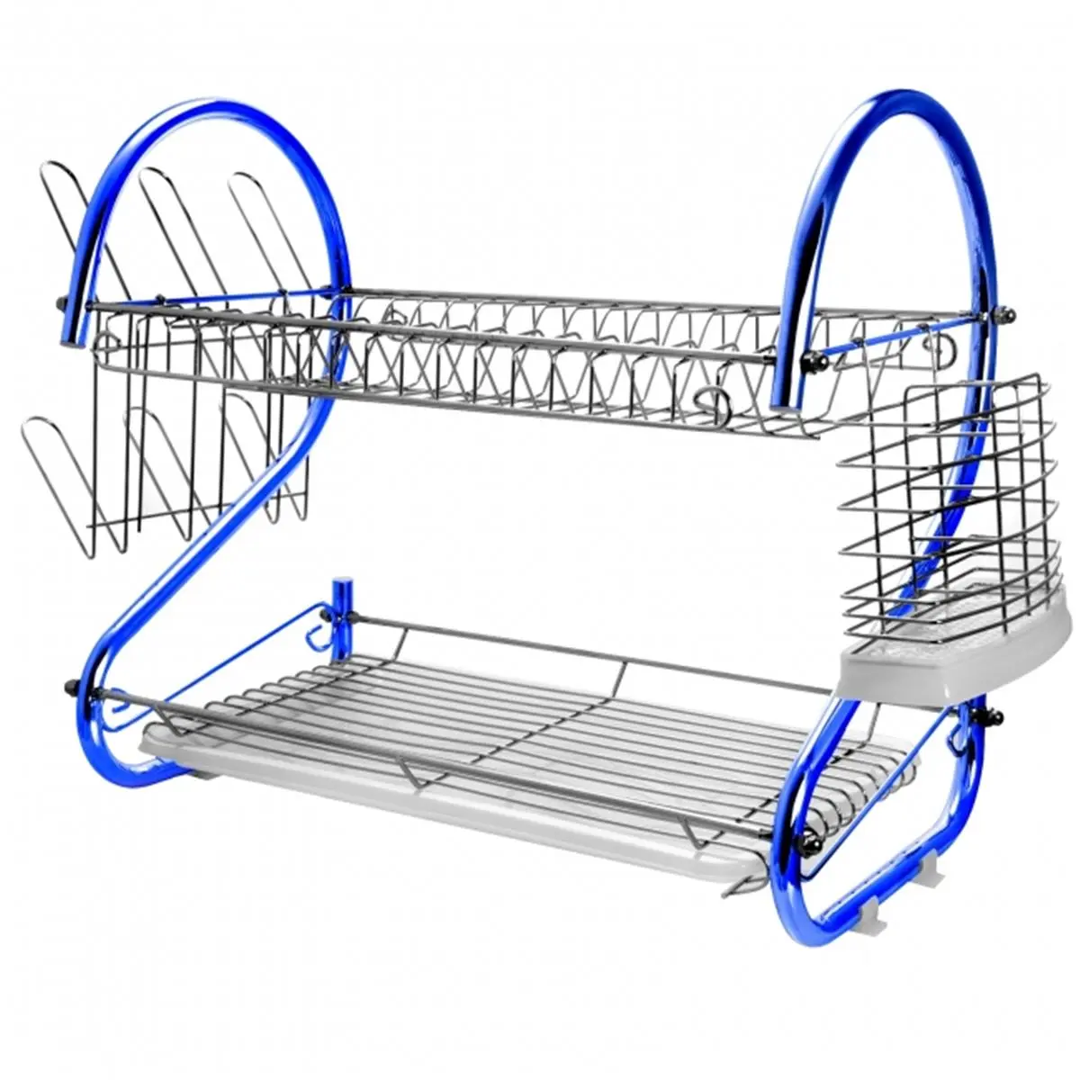 212 MAIN 16 in. Iron Wire Dish Drying Rack with 2 Shelves, Plastic Utensil Organiser, Cup Storage Holder, Plastic Draining Trays, Slots for Plates, Home Supplies Kitchen Organizer (Blue)