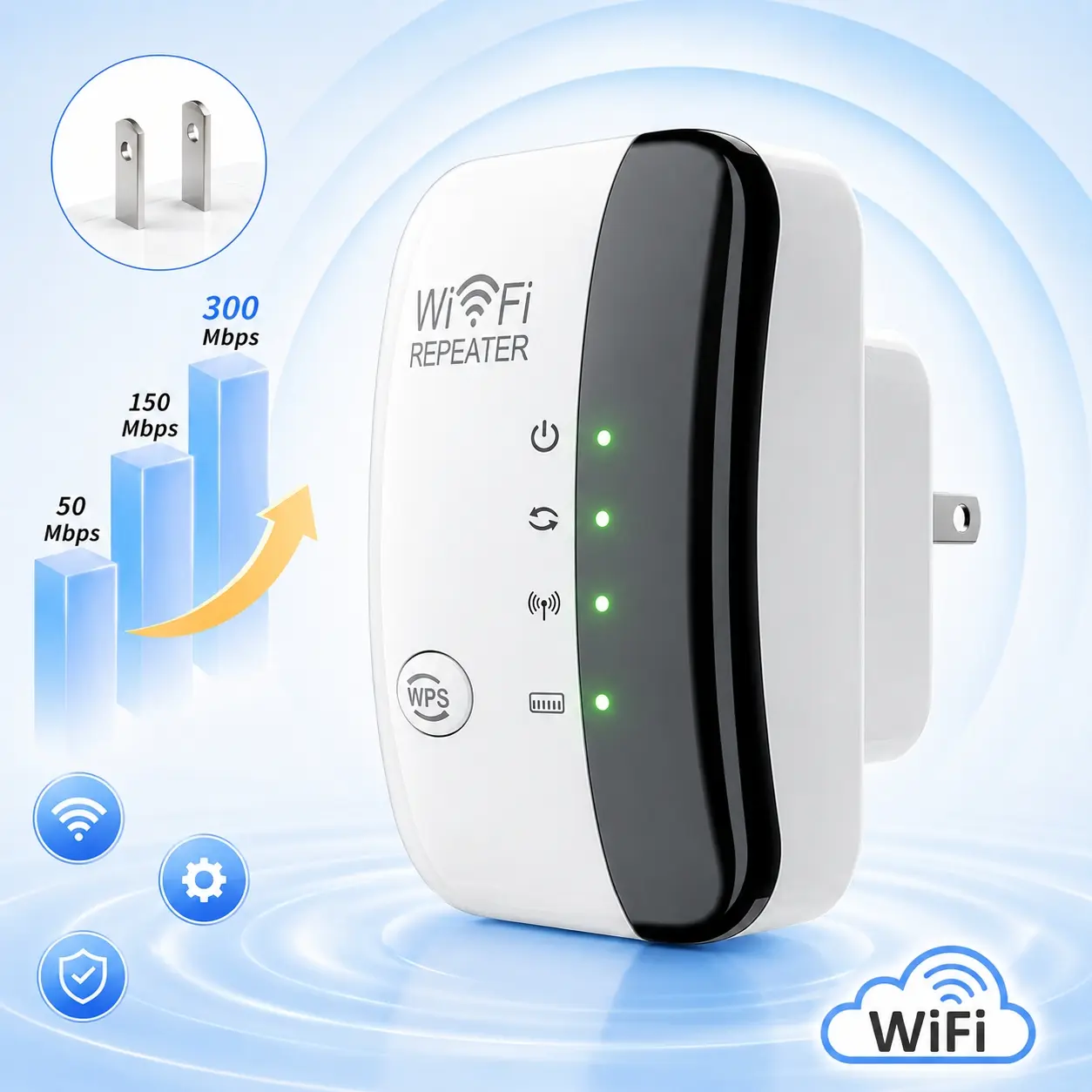 Wireless WiFi Repeater, 300Mbps 2.4G Network Extender, WiFi Range Extender, Extended WiFi Coverage for Entire Home, Large Capacity for 50+ Devices, Easy Plug & Play for Home and Workplace