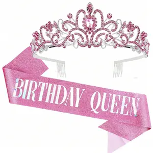 Women Girls Birthday Crown Belt Set, Elegant Crown Design, Tiara, Party Accessories for Women & Girls, Perfect Gift for Birthdays, Stylish Waistband Headwear