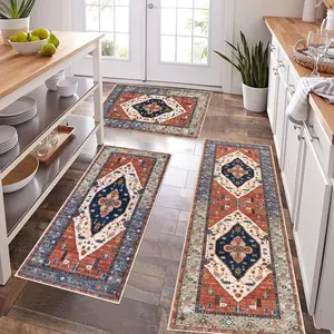 Kitchen Mats for Floor 3 count Set Boho Non Slip Kitchen Rugs Washable Farmhouse Kitchen Floor Mats Thick Long Kitchen Throw Area Rug Carpet Runner for Hallway Entryway Laundry Bathroom, Rust