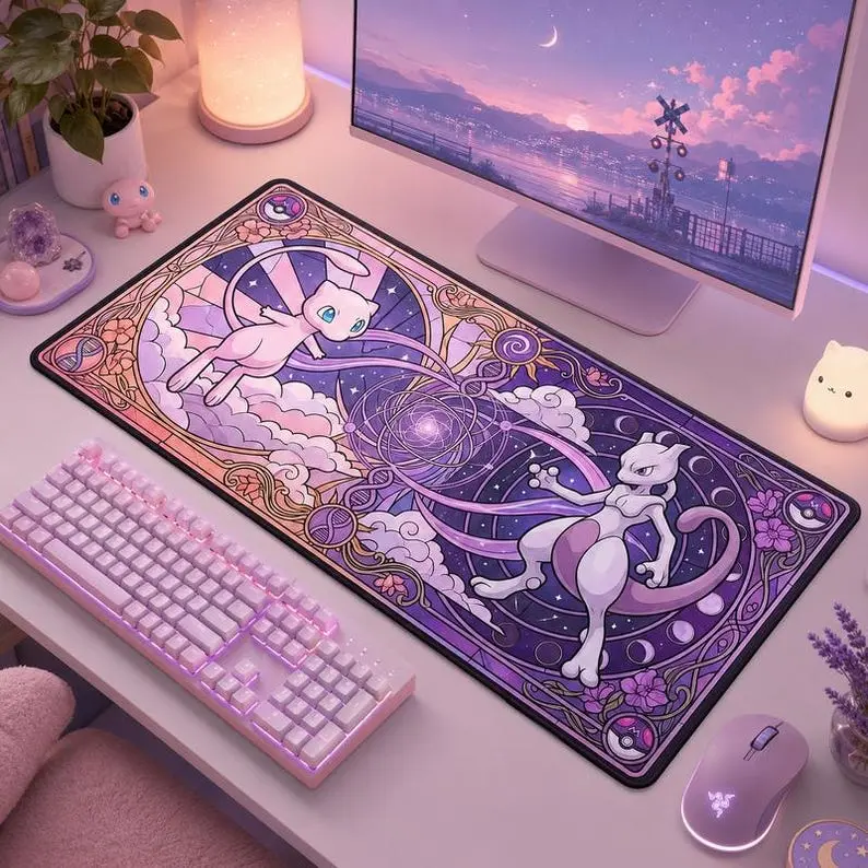 Mew and Mewtwo Desk Mat, Stained Glass Anime Gaming Mouse Pad Extended, Desk Pad Large, Aesthetic Purple Desk Accessories Gaming Desk Setups
